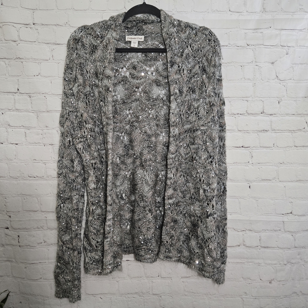Coldwater Creek Sequin Lace Cardigan MOHAIR Sweater Open Front Knit Gray Sz L